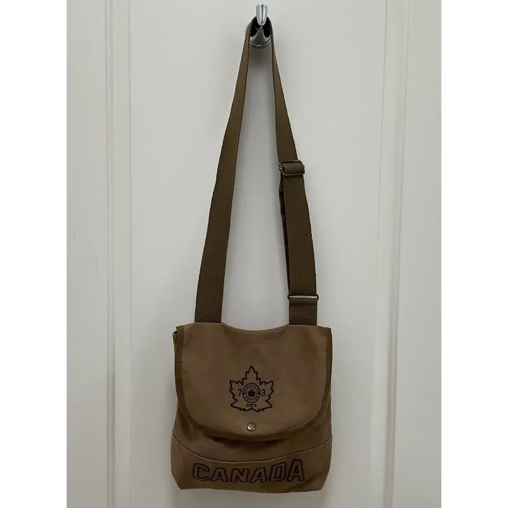 Roots Canada Brown Canvas Crossbody Shoulder Bag Maple Leaf Logo Flap Casual